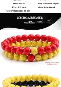 Detail view of 8mm red and yellow turquoise beaded bracelet with matte black stone finish