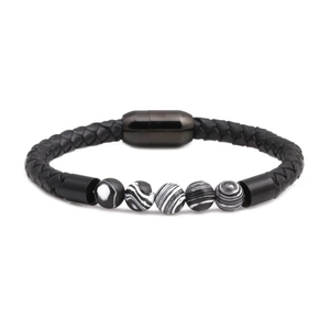 Braided leather bracelet for men with magnetic clasp and five malachite beads