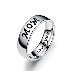 Polished silver stainless steel MOM ring featuring Love You engraving on white background