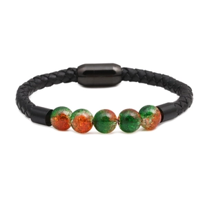 Braided black leather bracelet with vibrant orange and green crackle glass beads and magnetic clasp