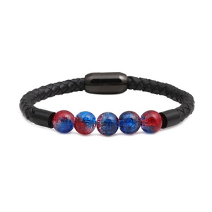 Braided black leather bracelet with red and blue cracked beads and magnetic clasp