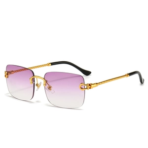 Fashionable rimless square sunglasses with purple gradient lenses and golden twist metal legs