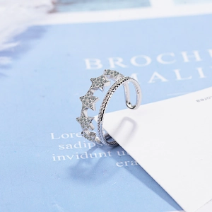 Minimalist silver double-layer open ring with sparkling star zircon and twisted band