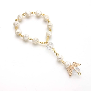 Bracciale Rosario Ciondolo Ala Angelo Forma Rosa Imitazione Perla Artificial Künstliche Perle Cristallo Vetro Battesimo Comunione Gioielli Religiosi