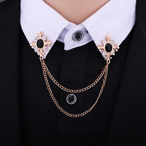 Vintage golden cross brooch with black stone and rhinestone tassels for shirt collars