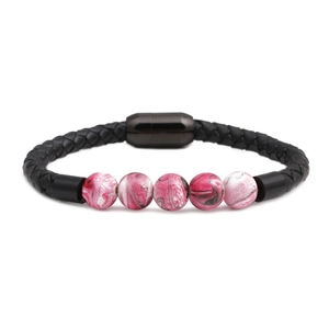 Braided black leather bracelet with pink marble beads and magnetic buckle