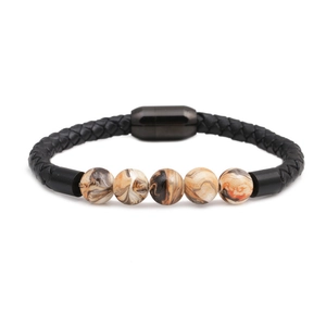 Braided leather bracelet with colorful acrylic beads and black magnetic buckle