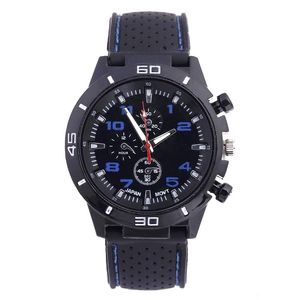 Montre de sport pour hommes avec bracelet en silicone noir, coutures bleues et cadrans