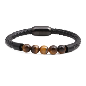 Men's braided leather bracelet with 8mm tiger eye beads and stainless steel magnetic clasp