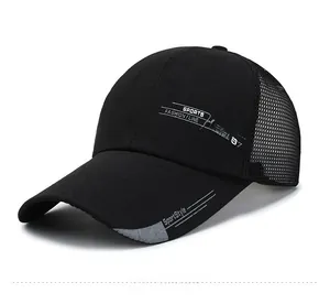 Close-up of breathable mesh back and SPORTS embroidery on a black quick-dry baseball cap