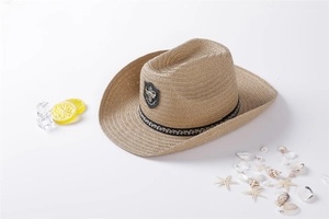 Close-up of khaki straw cowboy hat with bull head emblem and geometric ethnic band
