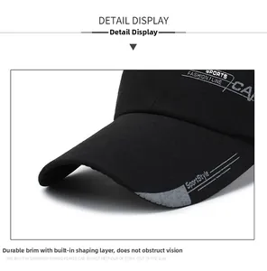 Detail of a curved baseball cap brim with durable sandwich layering and SPORTS embroidery