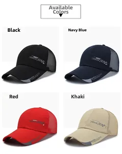 Detailed view of four quick-dry mesh baseball caps in black, navy, red and khaki colors