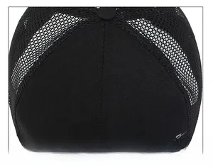 Close-up of top button and high-quality stitching on a black breathable mesh cap