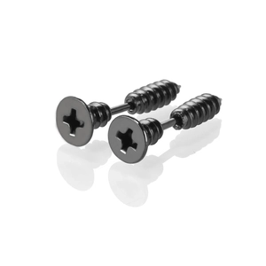 Close-up of matte black stainless steel screw-shaped stud earrings with realistic cross head