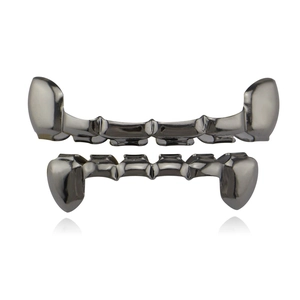 Gunmetal hip hop vampire grillz set for top and bottom teeth with 18K plated finish