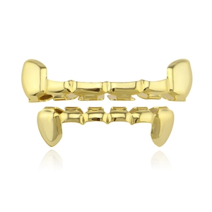 Polished 18K gold plated hip hop vampire fangs grillz set with shiny metallic finish