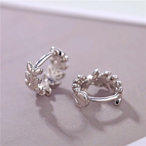 Fashion silver olive leaf hoop earrings with textured branch design for women