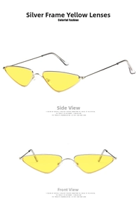 Detail view of silver metal cat-eye sunglasses with yellow lenses from front and side angles