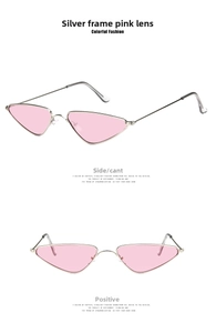 Detail view of silver metal cat-eye sunglasses with pink transparent lenses from two angles
