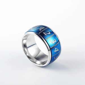 Rotating stainless steel poker card ring with silver numbers and blue finish inlay