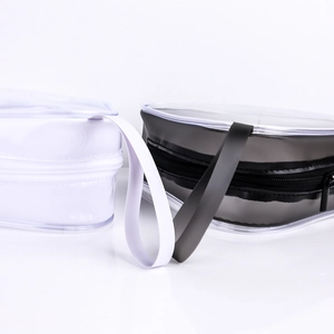 Clear PVC travel organizer bags with zipper and handle in black and white trim