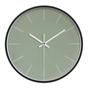 Modern 12-inch sage green metal wall clock with minimalist white dial and black aluminum frame