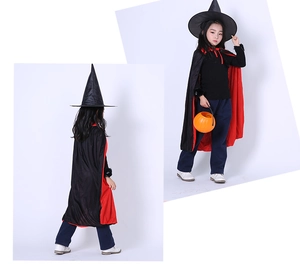 Detailed front and back view of kids Halloween witch costume with red black cape and hat