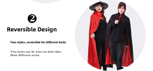 Detail of reversible Halloween cloak showing black and red sides with hooded design