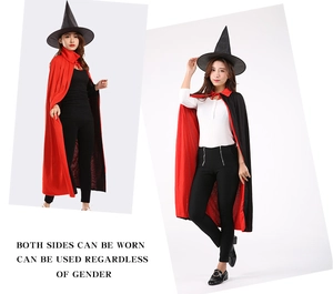 Detailed view of reversible red and black vampire cloak with matching pointed witch hat