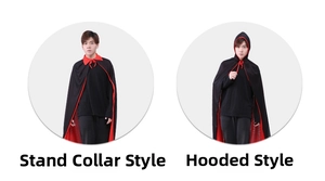 Detail view of stand-up collar and hooded styles of double-layer black and red vampire cloaks