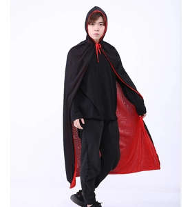 Close-up of the red lining and large hood on this dual-sided Halloween vampire cloak