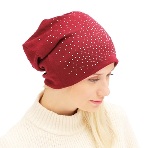 Women Men Slouchy Beanie Hat Knitted Cotton Blend Sparkling Rhinestone Thermal Winter Outdoor Skull Cap