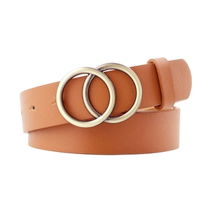 Brown leather belt for women with elegant golden double ring buckle on white background