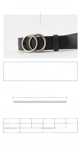 Size chart showing 105cm x 2.8cm black PU belt measurements and buckle details