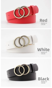 Minimalist women's leather belts in red, white, and black with gold double ring buckles