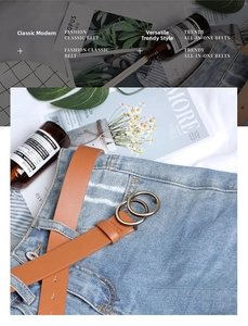Classic brown leather belt for women with vintage double round buckle on denim pants