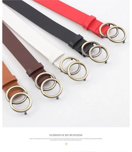 Detailed view of women's belts with golden double round buckles in five assorted colors