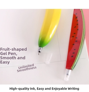 Detail of fruit-shaped ballpoint pens in banana and watermelon designs with caps