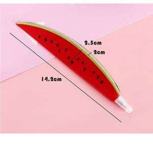 Detailed view of creative watermelon ballpoint pen showing dimensions 14.2cm in length