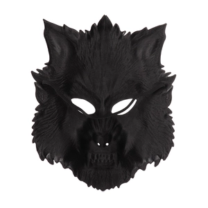 Detailed view of black EVA wolf half mask showing realistic fur texture and elastic strap