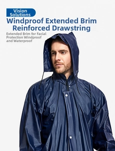 Detail of waterproof raincoat hood with extended brim and adjustable drawstrings