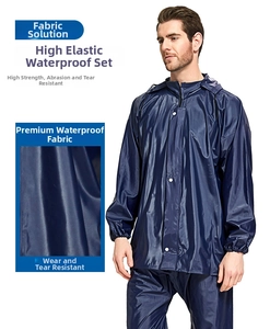 Detail of high-elastic waterproof rain suit with zipper and button double-sealing closure