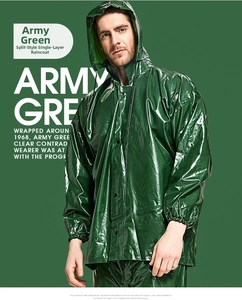 Close-up of army green split raincoat showing waterproof PVC texture and hood detail