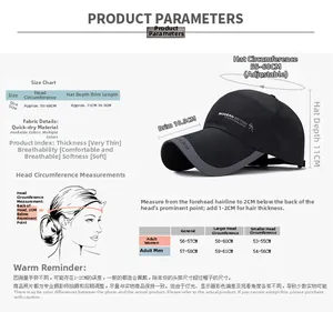 Guide des tailles pour casquette de sport séchage rapide, tour de tête 55-60cm réglable