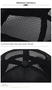 Detail of black breathable mesh fabric and top stitching on summer baseball cap