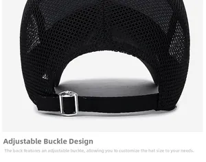 Detail of adjustable metal buckle and breathable mesh fabric on black baseball cap