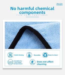Detail of blue microfiber pet towel showing reinforced black edges and soft fiber texture