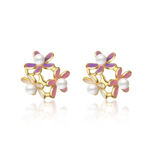 Floral stud earrings featuring purple, pink and white flowers with pearls on gold base