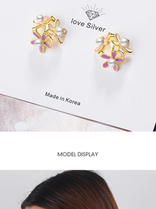 Detail of floral earrings with pearl center on display card and model profile view